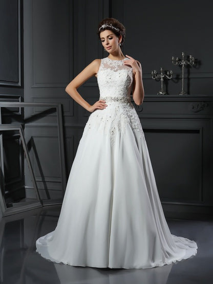 A-Line/Princess High Neck Beading Sleeveless Long Chiffon Wedding Dresses