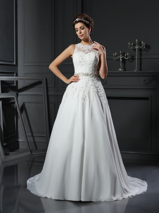 A-Line/Princess High Neck Beading Sleeveless Long Chiffon Wedding Dresses