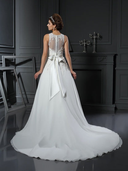 A-Line/Princess High Neck Beading Sleeveless Long Chiffon Wedding Dresses