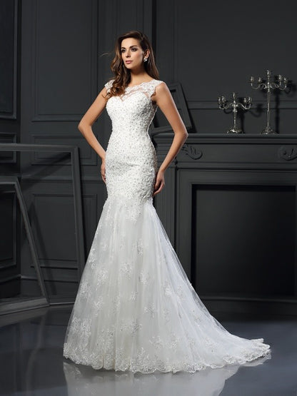 Trumpet/Mermaid Scoop Applique Short Sleeves Long Tulle Wedding Dresses