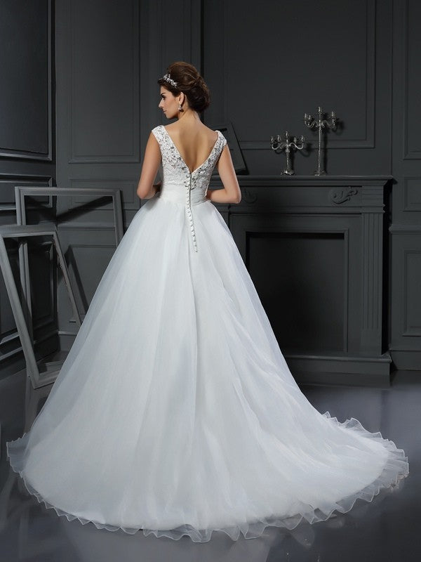 A-Line/Princess V-neck Beading Sleeveless Long Organza Wedding Dresses