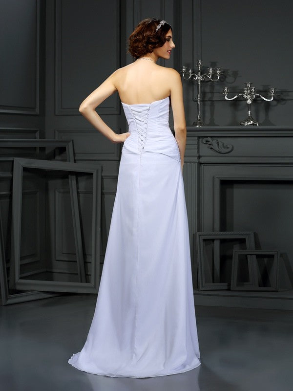 Sheath/Column Strapless Beading Sleeveless Long Chiffon Wedding Dresses