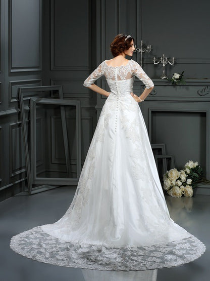 A-Line/Princess Bateau Lace 1/2 Sleeves Long Satin Wedding Dresses