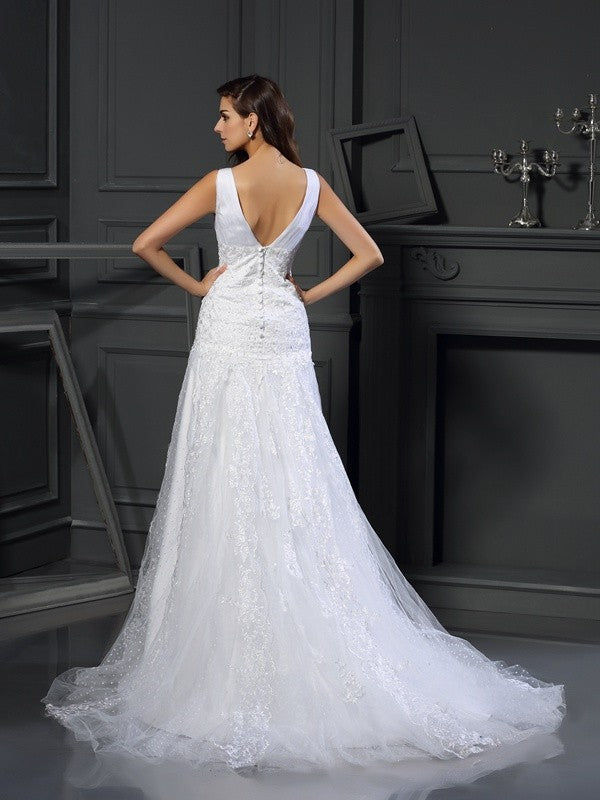 A-Line/Princess V-neck Beading Sleeveless Long Satin Wedding Dresses