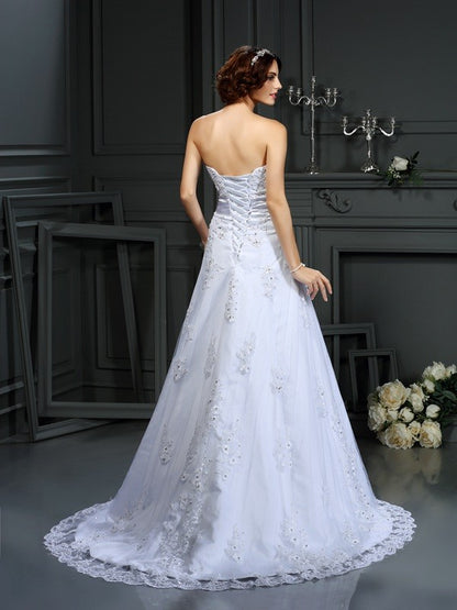 A-Line/Princess Strapless Applique Sleeveless Long Satin Wedding Dresses