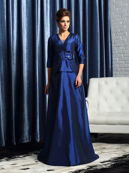 A-Line/Princess V-neck Beading 1/2 Sleeves Long Taffeta Mother of the Bride Dresses