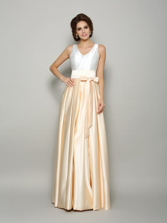 A-Line/Princess V-neck Bowknot Sleeveless Long Satin Mother of the Bride Dresses