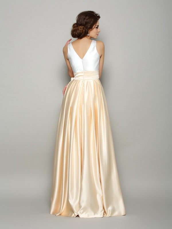 A-Line/Princess V-neck Bowknot Sleeveless Long Satin Mother of the Bride Dresses