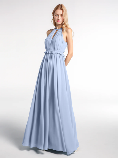 Keyhole collar backless chiffon long dress