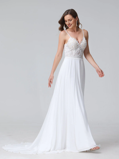 A-line thin shoulder strap V-neck sleeveless long chiffon wedding dress