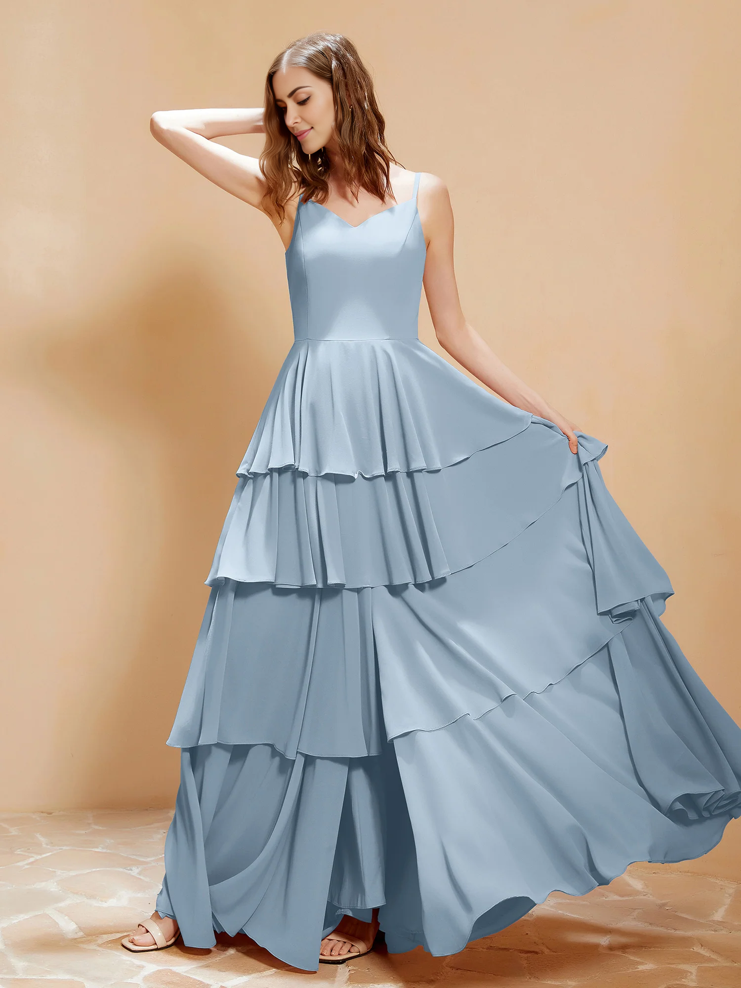 Bohemian style V-neck and floor length skirt with flowing ruffle edge bridesmaid dress