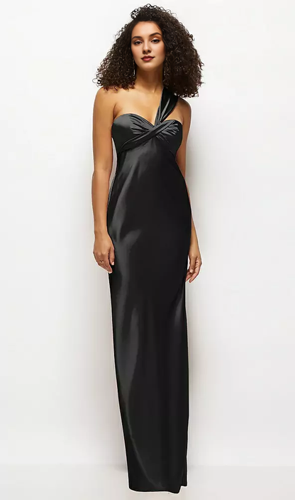 Satin twisted pattern strapless one shoulder twill extra long bridesmaid dress