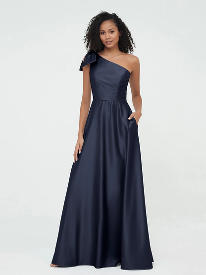 Pocket one shoulder long satin bridesmaid dress