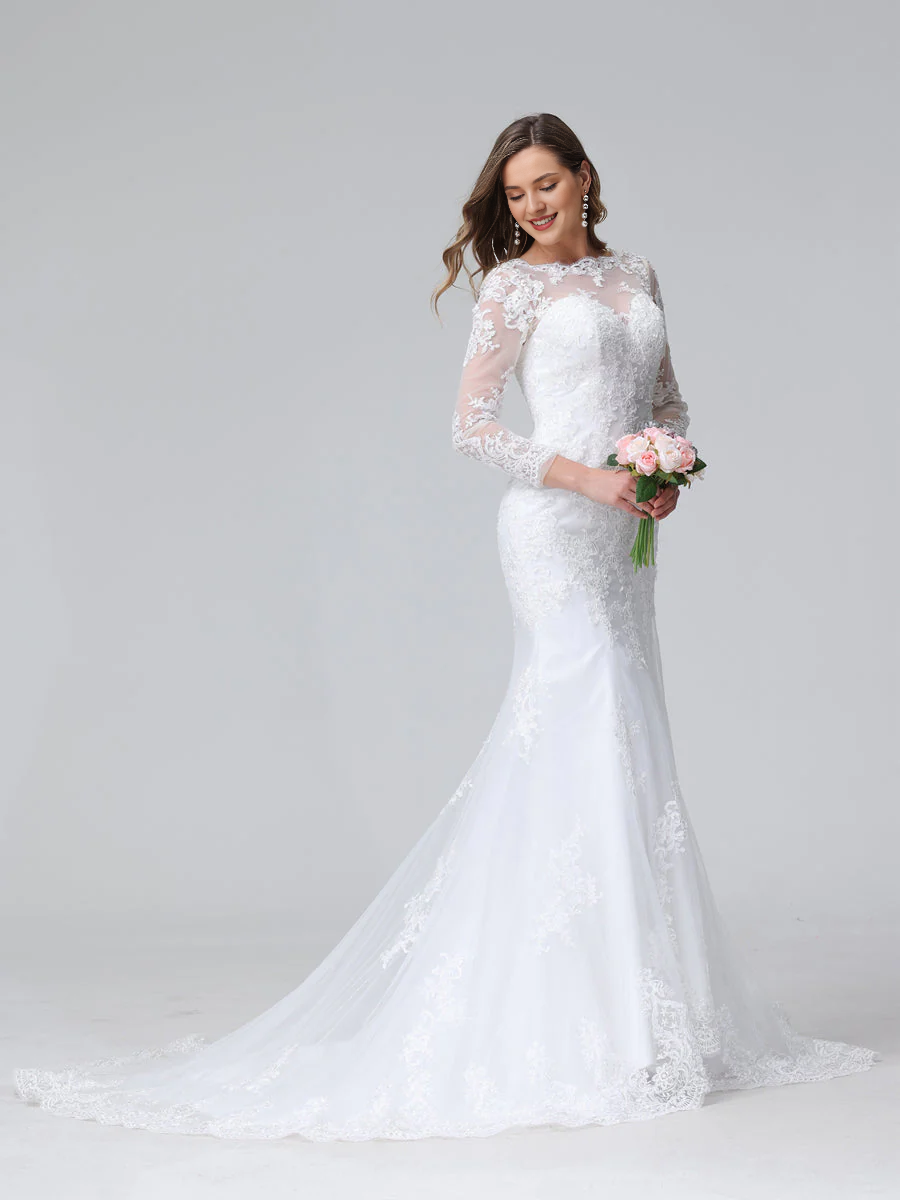 Horn fish tail long sleeved embroidered lace wedding dress