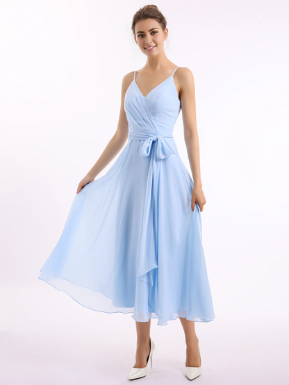 Belt bow thin shoulder strap long dress