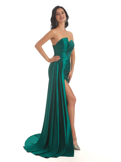 Asymmetric neckline fishtail satin side slit and floor length fishtail bridesmaid dress