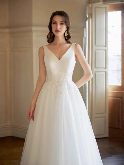 Elegant backless V-neck A-line extra long wedding dress