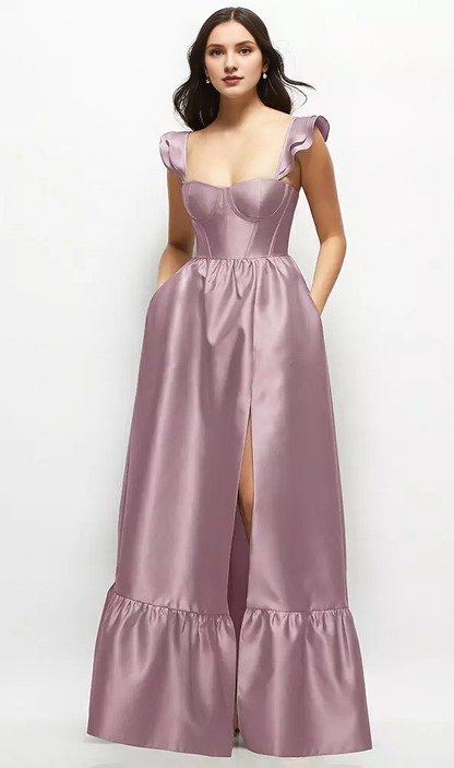 Ruffle shoulder strap satin tight corset long bridesmaid dress