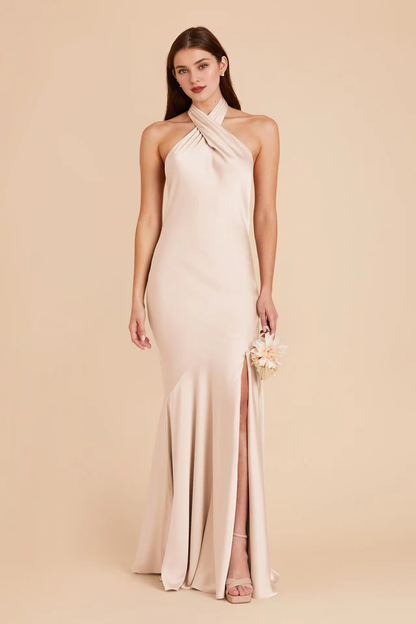 A-line diagonal seam front cross slit hanging neck bridesmaid dress