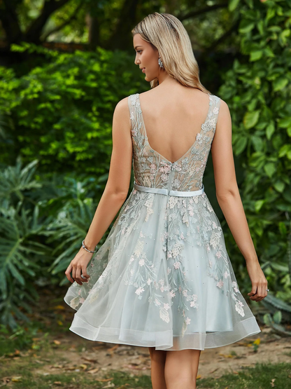 A-line floral lace sleeveless chiffon Homecoming dress