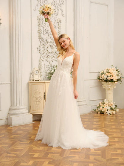 A-line applique sequin princess thin shoulder strap sleeveless long wedding dress