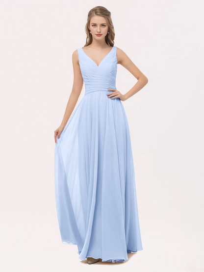 V-neck bow chiffon long bridesmaid dress