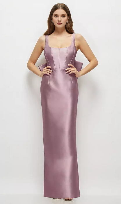 Bow low round neck tight corset satin and floor length bridesmaid dress