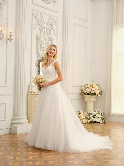 V-neck sleeveless applique and beaded long wedding dress