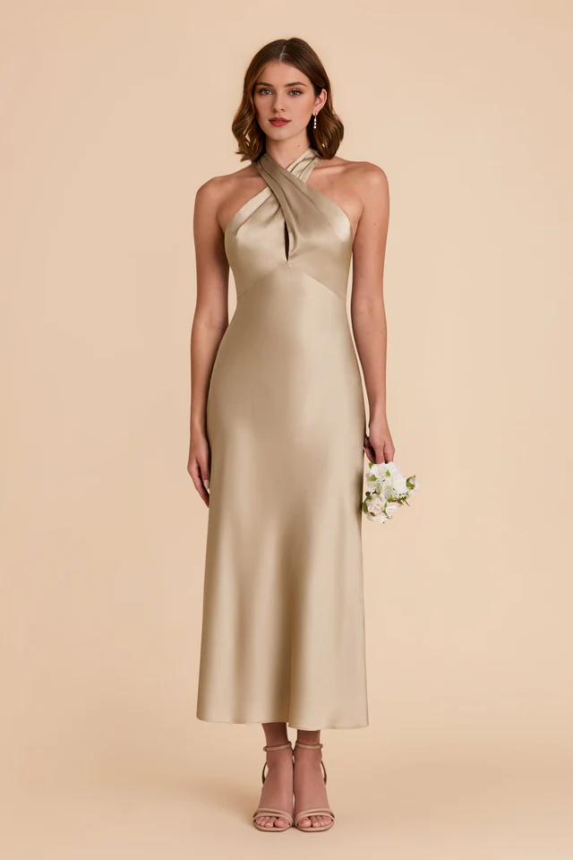 Rear tie neck matte satin and ankle length bridesmaid dress