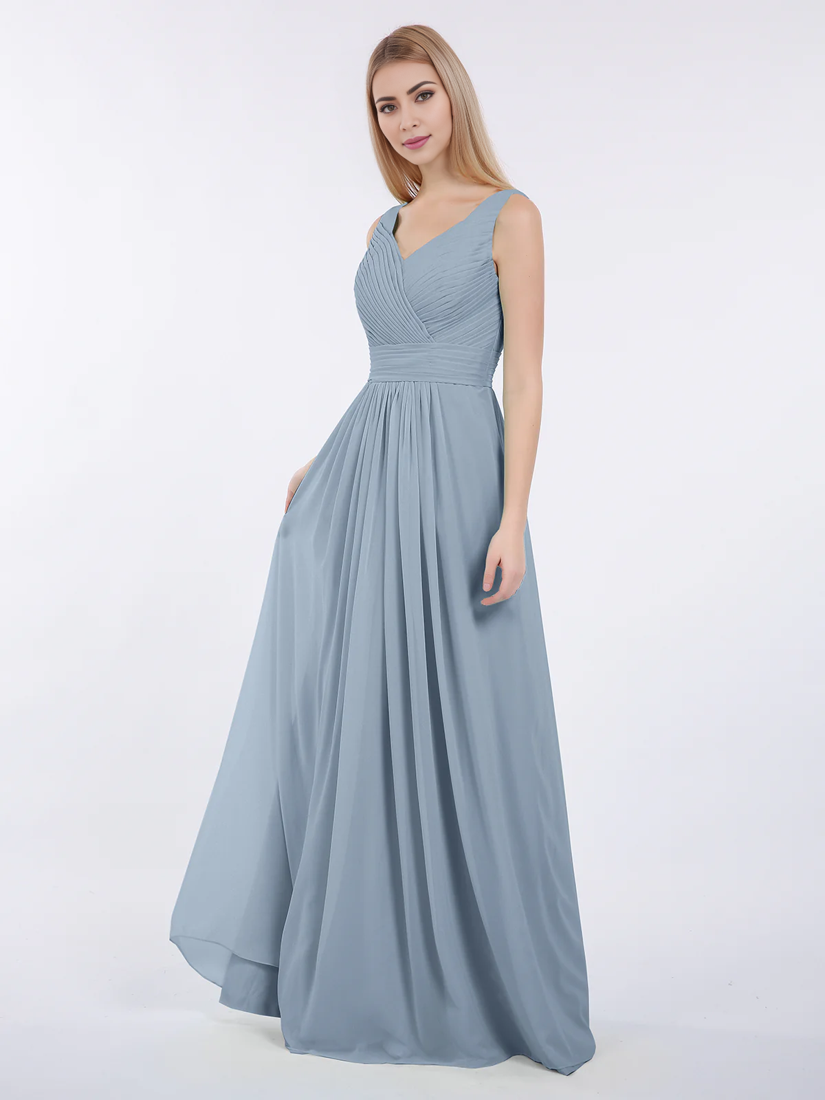 V-neck full-length chiffon pleated dress