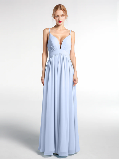 Deep V-neck high waisted chiffon long dress