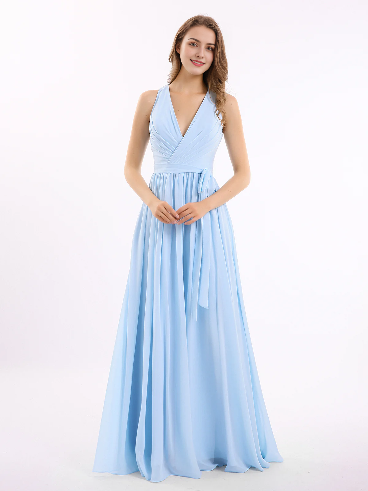 Deep V-neck belt bow chiffon dress