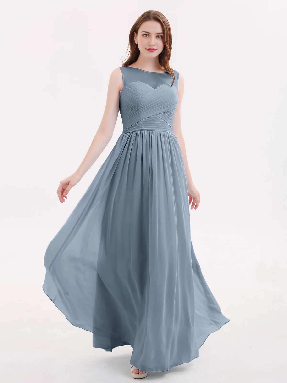 Illusionary collar chiffon long dress