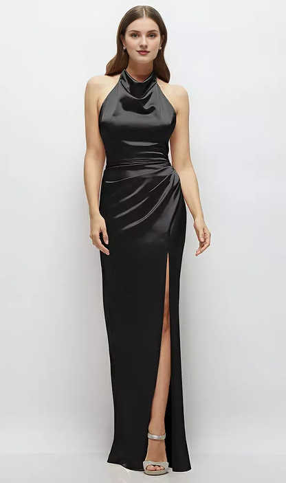 Cowl hanging neck backless satin and floor length bridesmaid dress