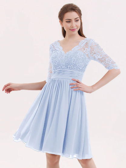 Lace chiffon five quarter sleeve short dress