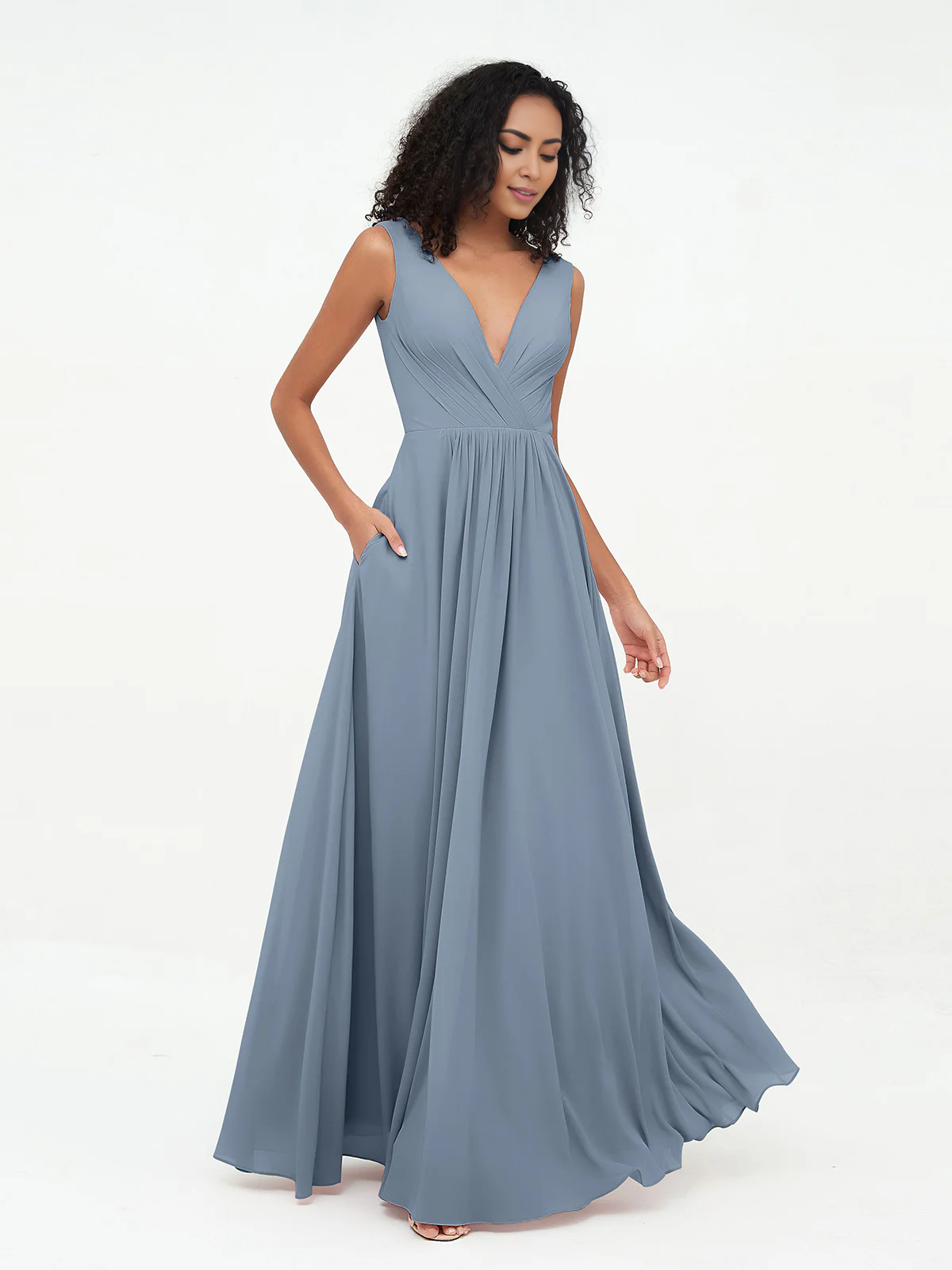 V-neck chiffon long pocket dress