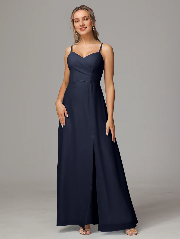 Thin shoulder strap sweetheart chiffon slit bridesmaid dress