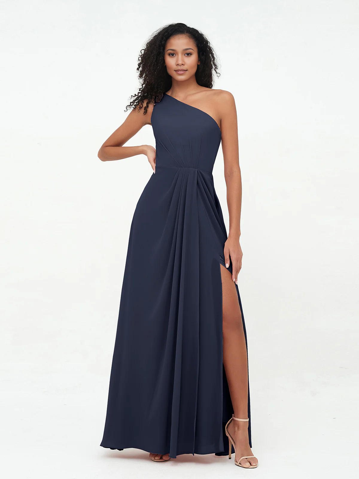 Split grey rose one shoulder chiffon bridesmaid dress