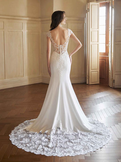 Sleeved sexy fishtail backless V-neck extra long lace wedding dress