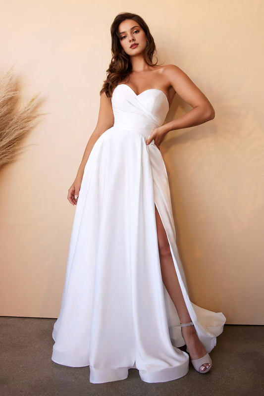 Off white satin strapless wedding dress