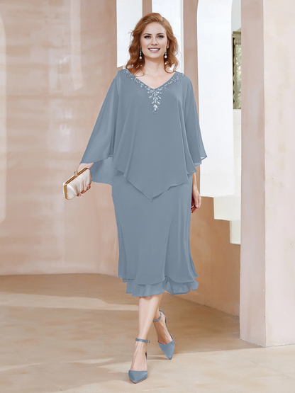 Chiffon V-neck ruffle sleeves mother of the bride dress