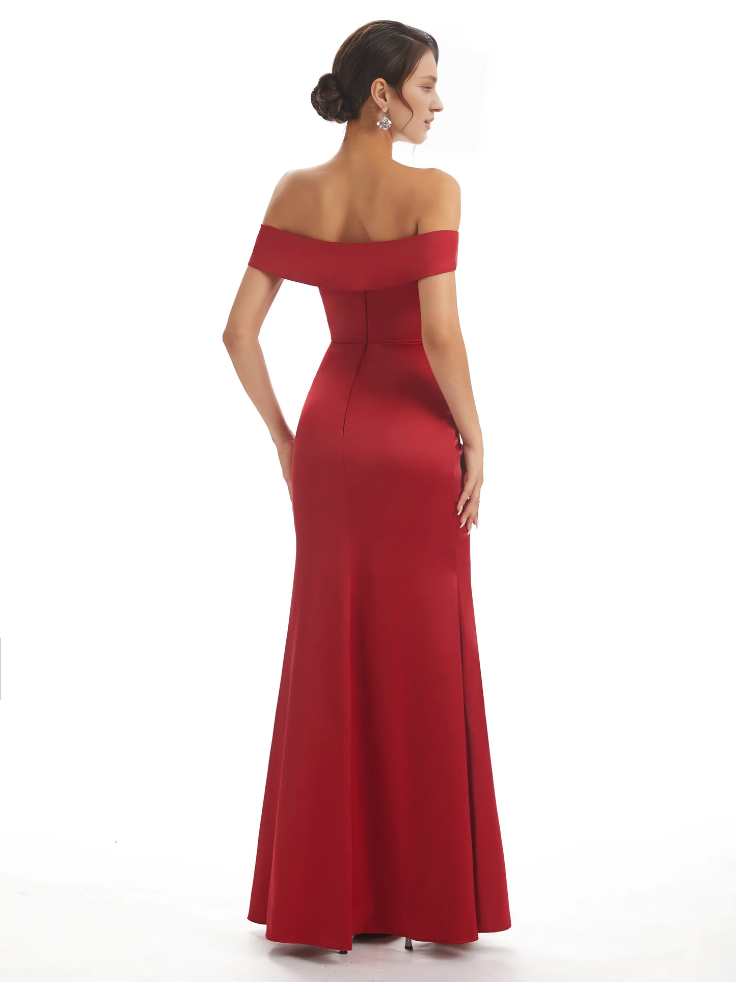 Sexy side slit shoulder fishtail soft satin bridesmaid dress