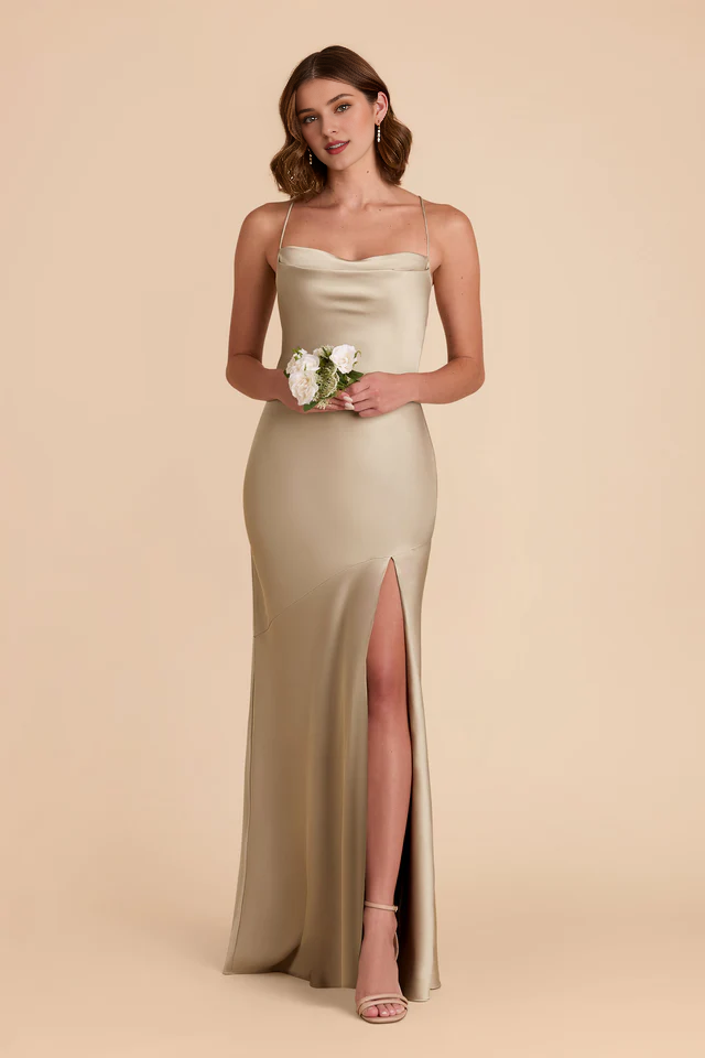 A-line neck hanging thin shoulder strap scarf with slit bridesmaid dress