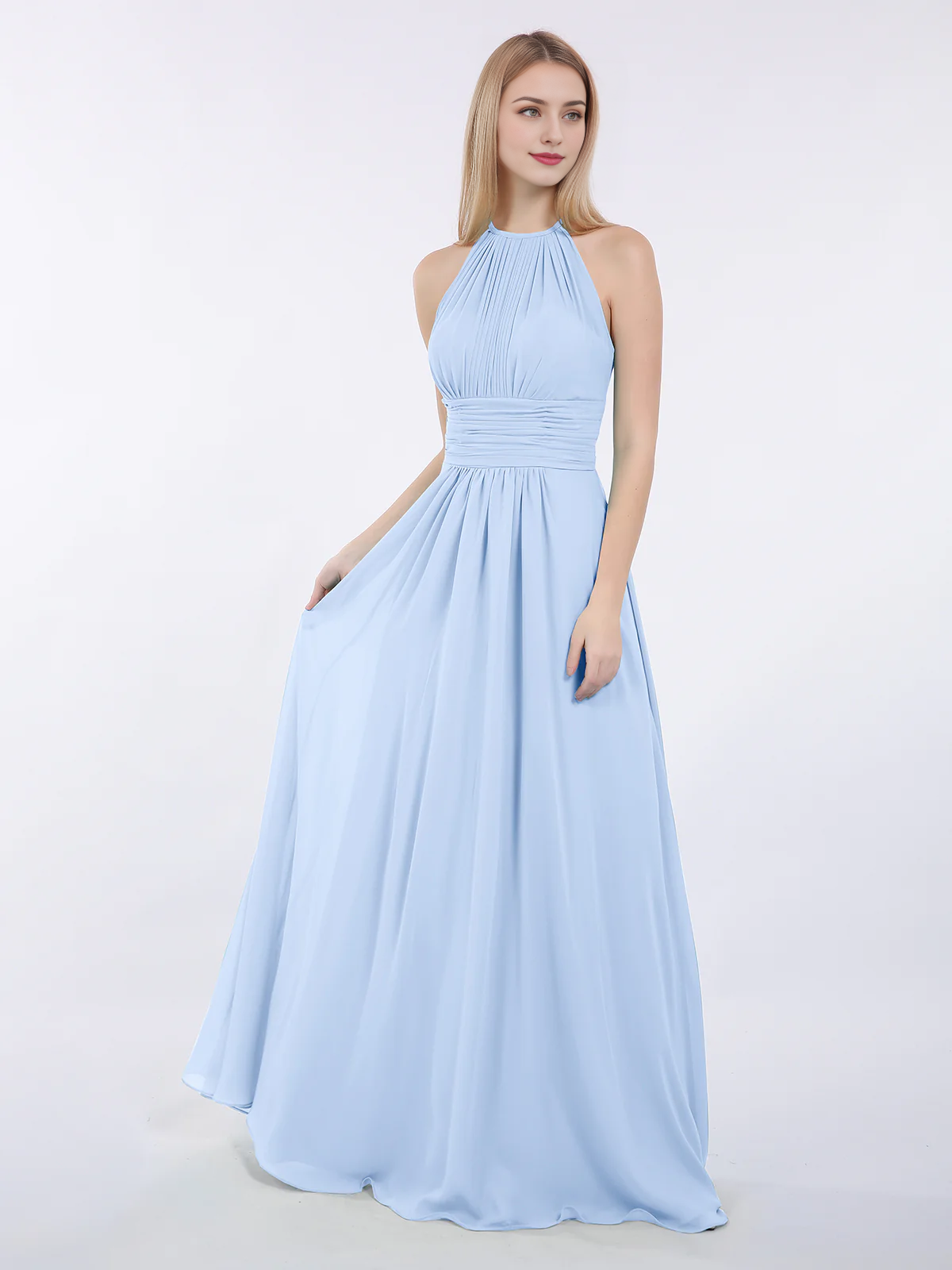 Hanging neck chiffon extra long bridesmaid dress