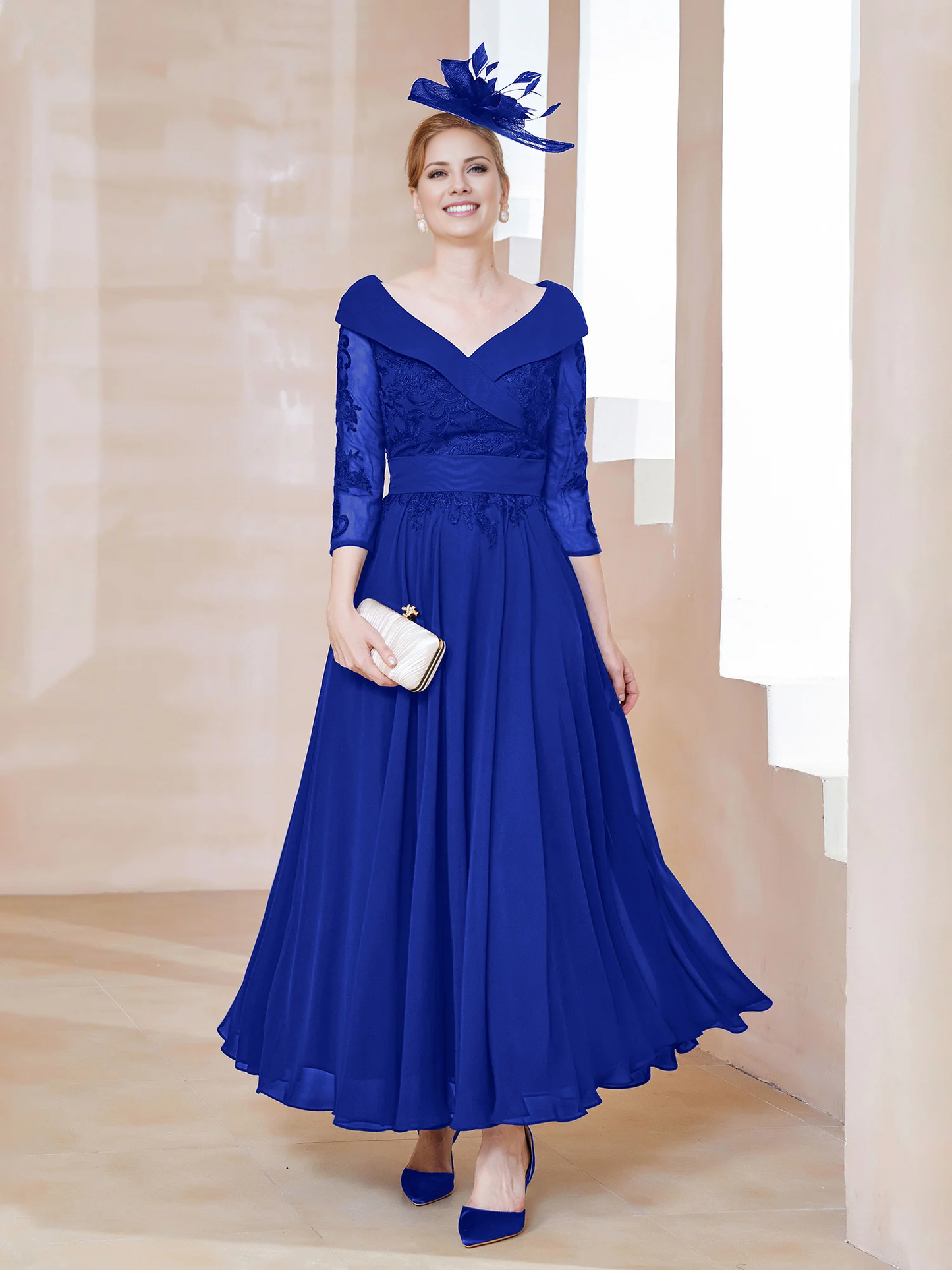 A-shaped V-neck applique chiffon mother of the bride dress