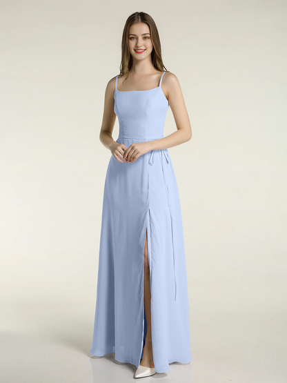 Simple slim shoulder strap slit chiffon dress