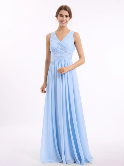 V-neck and floor chiffon dress