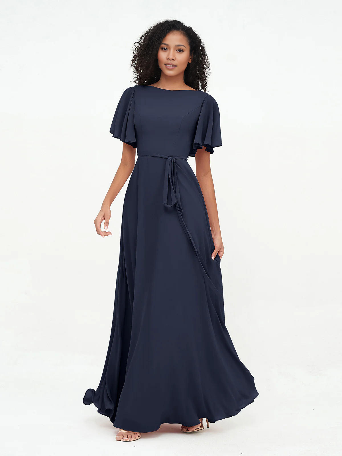 Bow fluttering sleeves chiffon bridesmaid dress