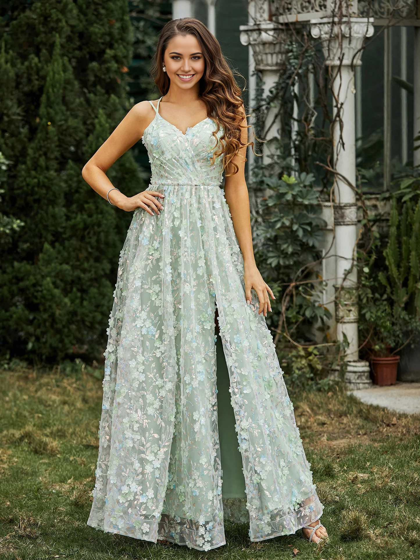 V-neck decal flower slit Prom dress