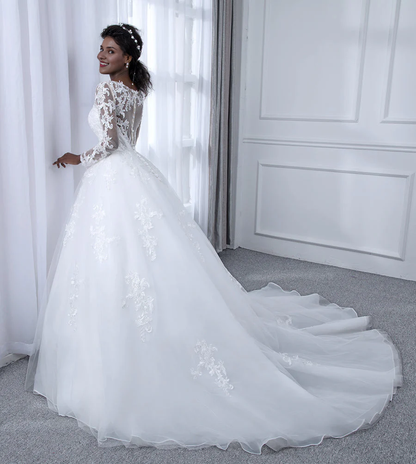 Long sleeved and applique transparent collar chiffon ball gown wedding dress